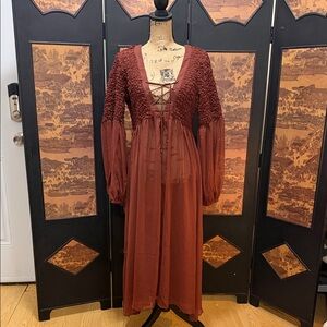 Anthro Terracotta Lace-Up Long Sleeve Dress